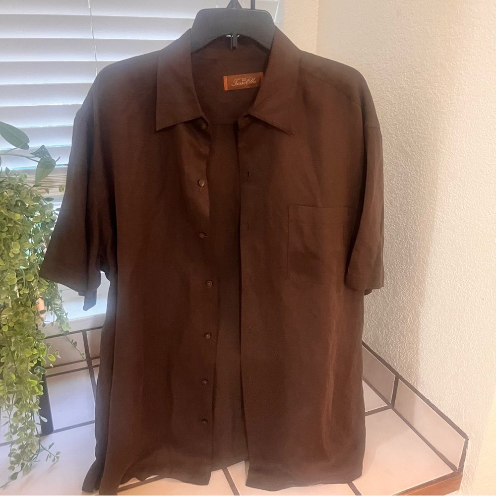 Tasso Elba Espresso Brown Casual Button Down Linen and Silk Blend Shirt.